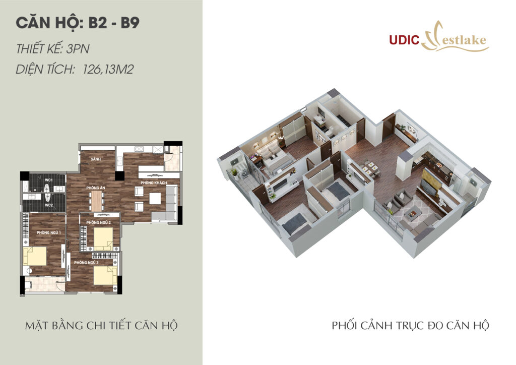 mặt bằng 126m2 3 ngủ udic westlake