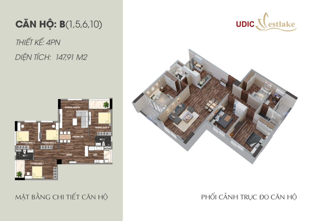 mặt bằng 4 ngủ 147m2 udic westlake